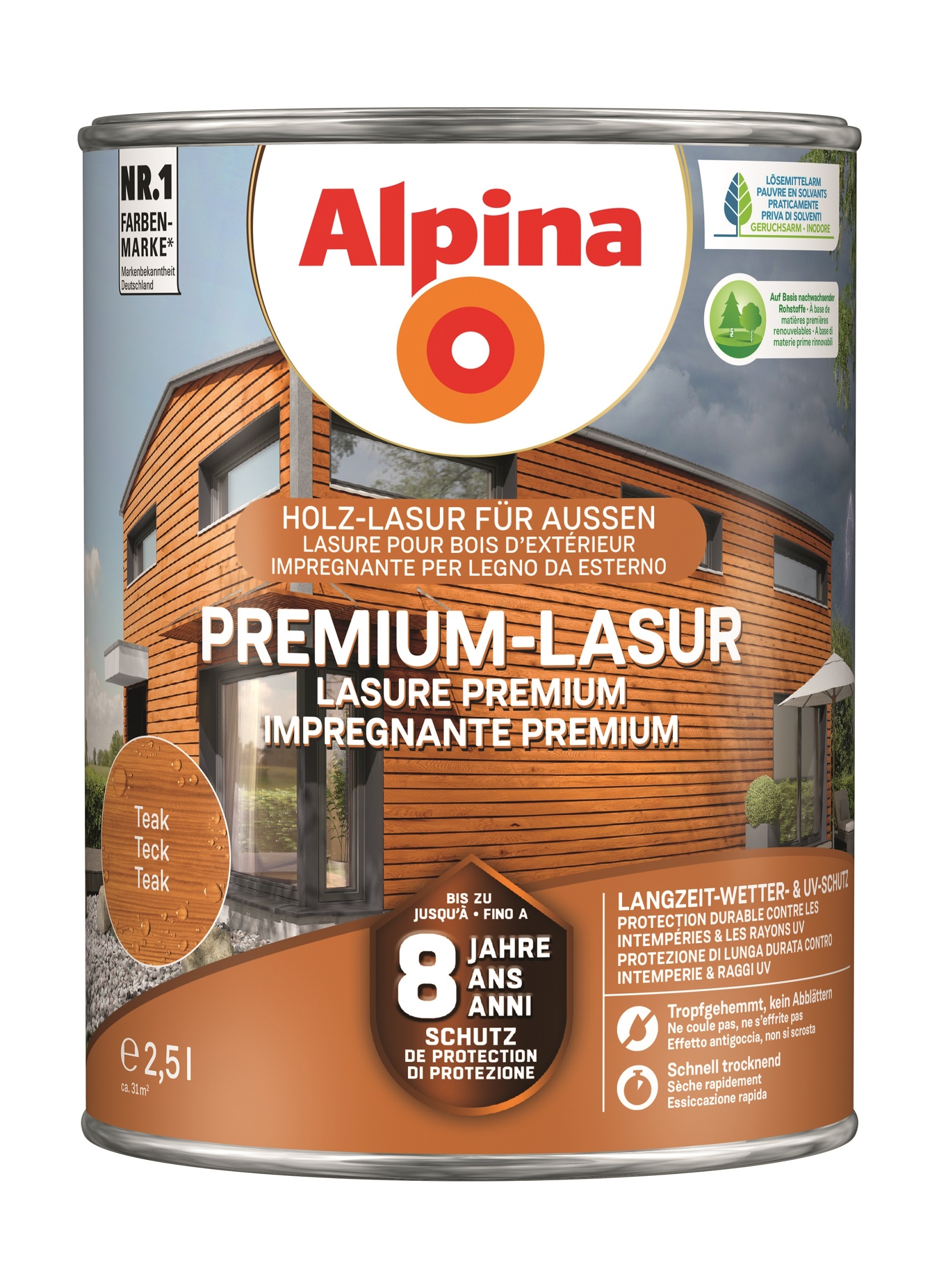 Alpina Premium-Lasur Holzlasur Teak für außen