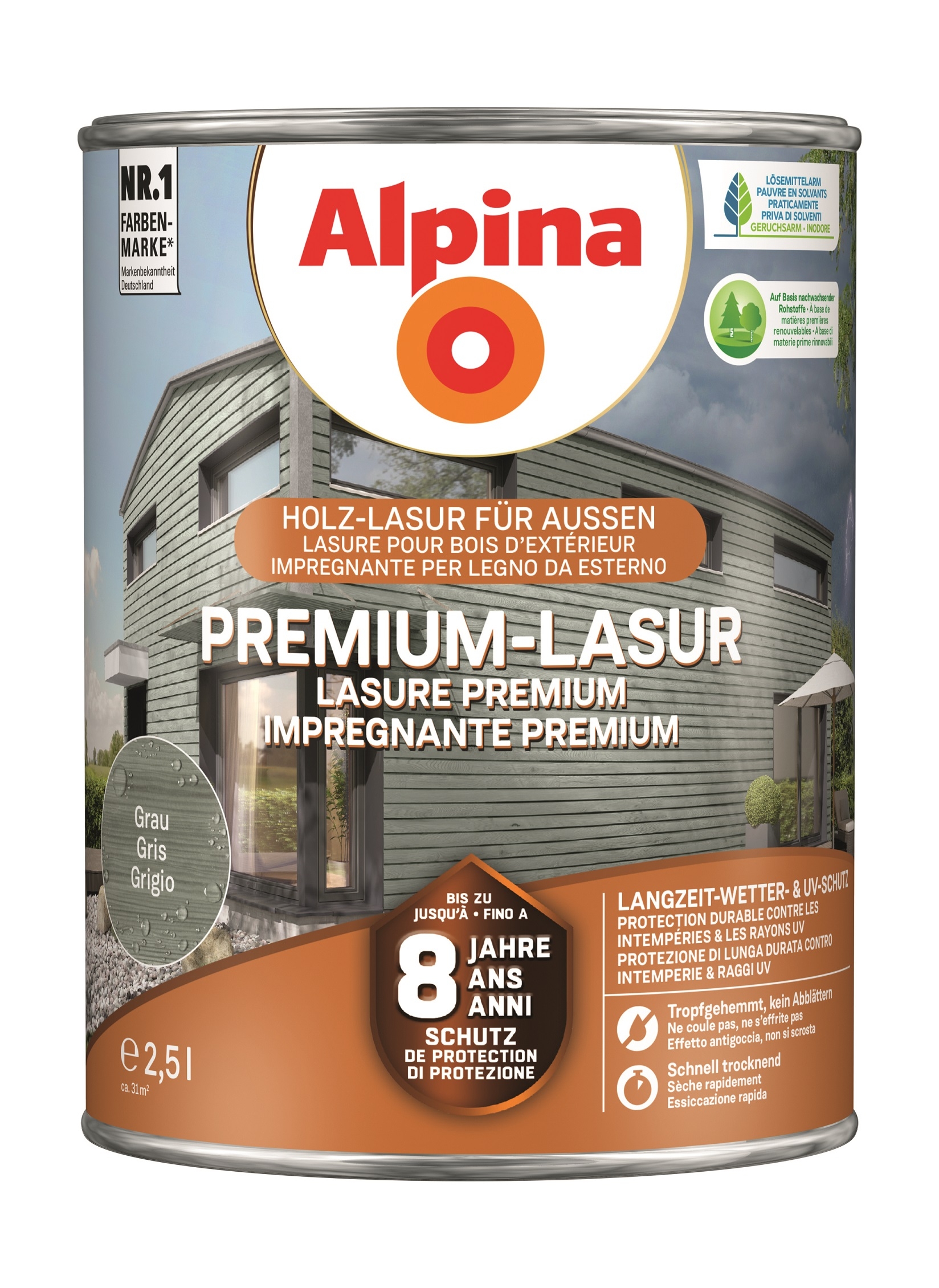 Alpina Premium-Lasur Holzlasur Grau für außen