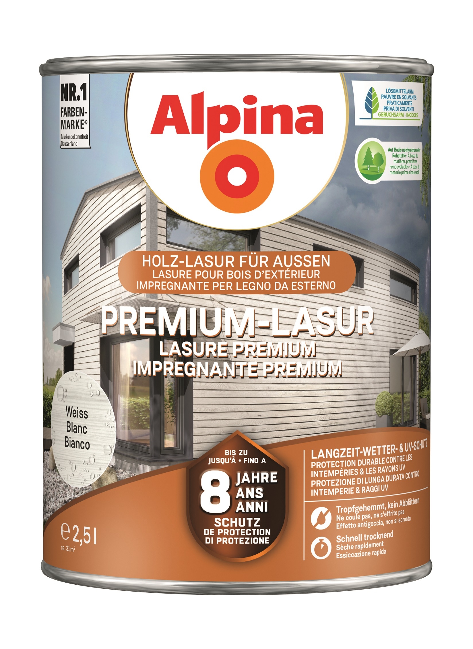 Alpina Premium-Lasur Holzlasur Weiß für außen